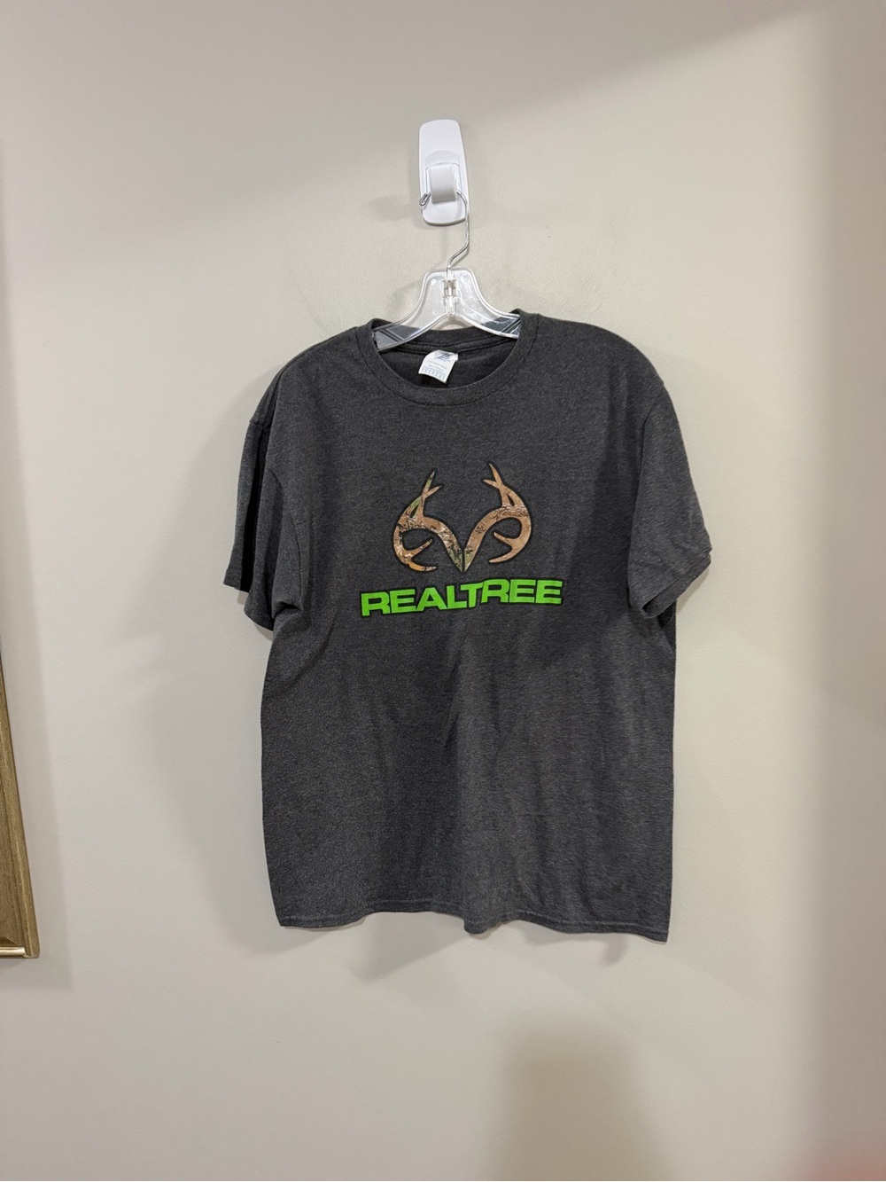 Delta Men's Charcoal T-Shirt with Realtree Logo and Bright Green Text